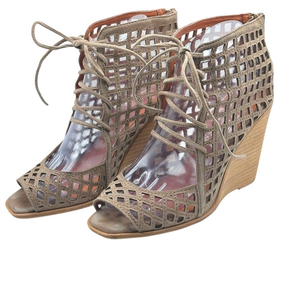 JEFFREY CAMPBELL‎ Cuadro-Hi Wedge Lace-Up Lattice Sandals Beige Taupe Sz 8 - Picture 3 of 11